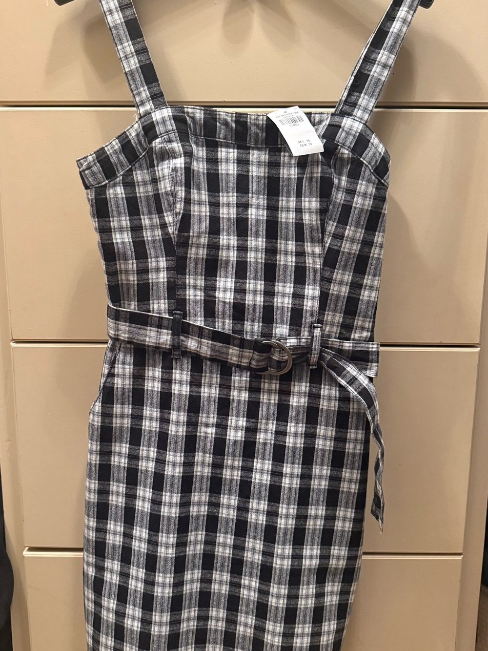 Hollister Black & White Plaid Midi Dress with Belt